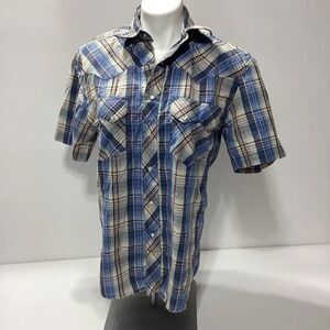 Rustler Wrangler Western Shirt Pearl Snap Blue Plaid Short Sleeve S Men’s